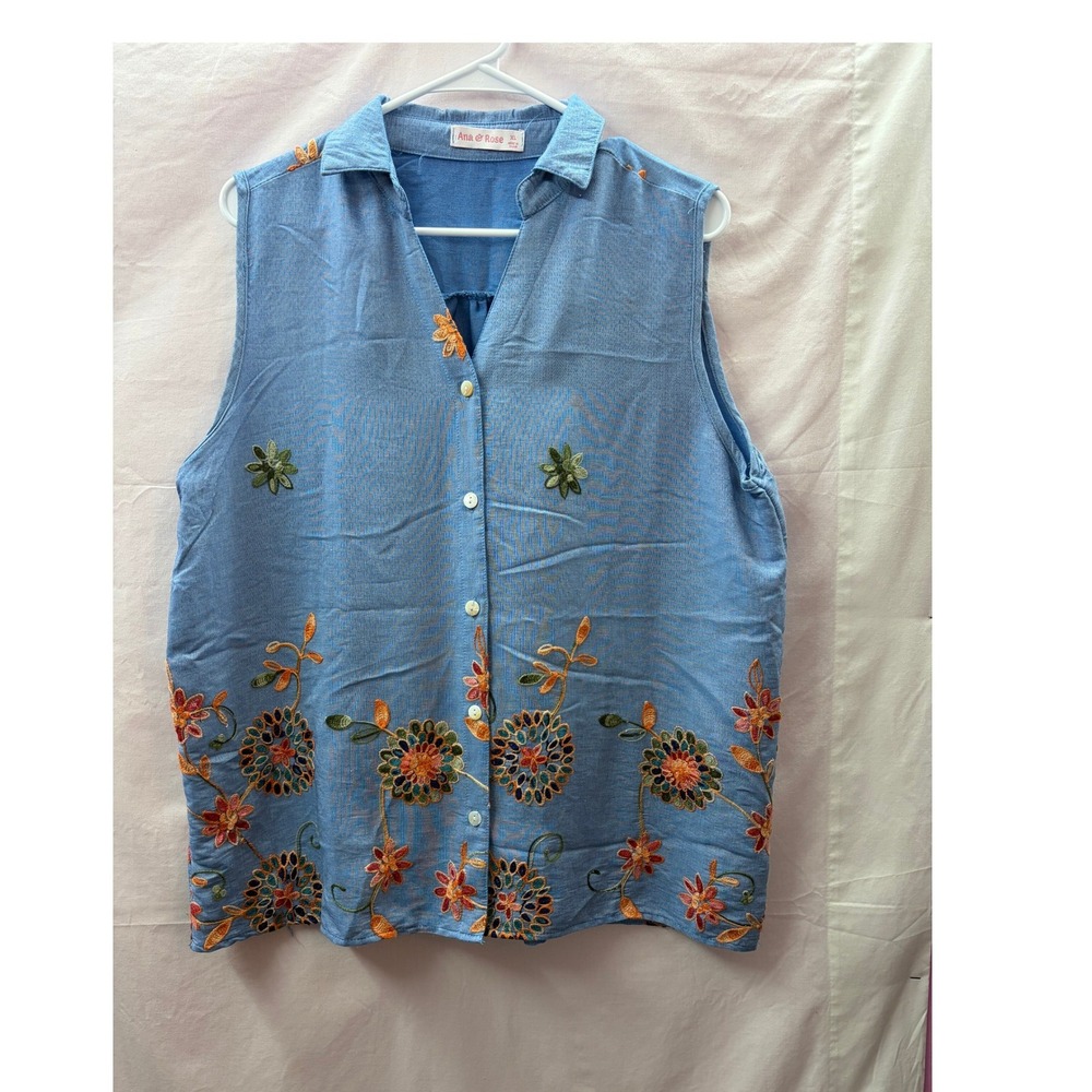 Ana & Rose Blue Floral Embroidered Sleeveless Button Down Shirt XL Top